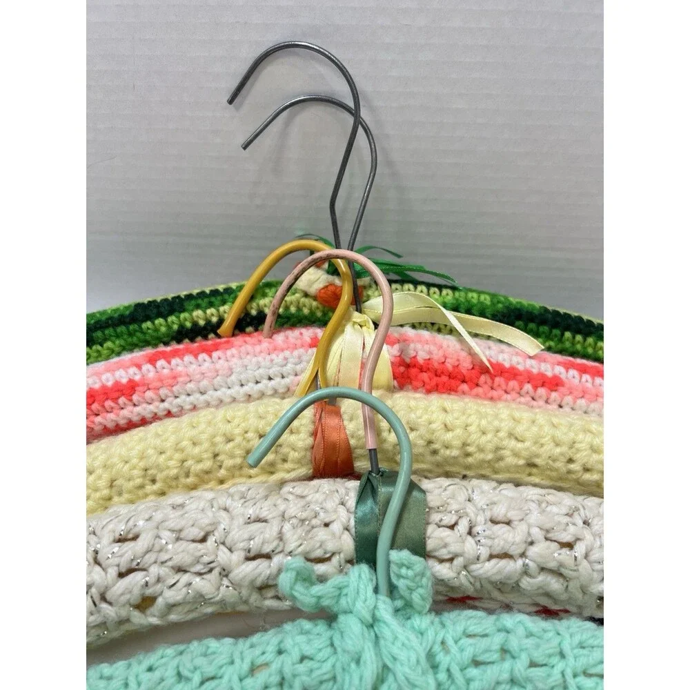 Vintage 1970s Crocheted Wood Hangers Set of 5 Green Yellow Pink Mod MCM 16.5